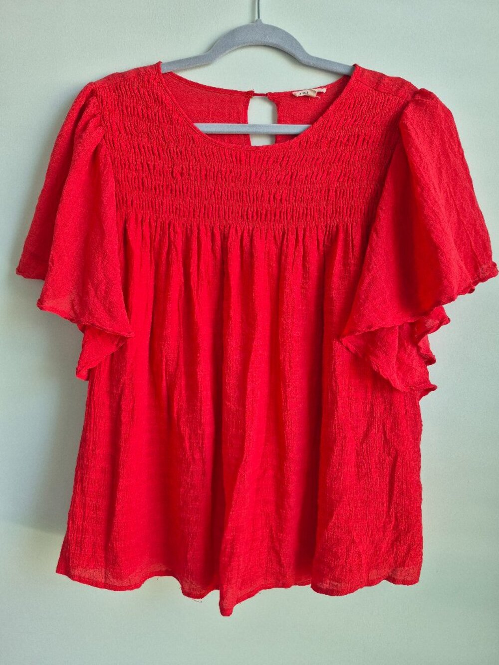 Jodifl Women’s Red/Orange Smocked Textured Blouse Flowy Sleeve Top Size L